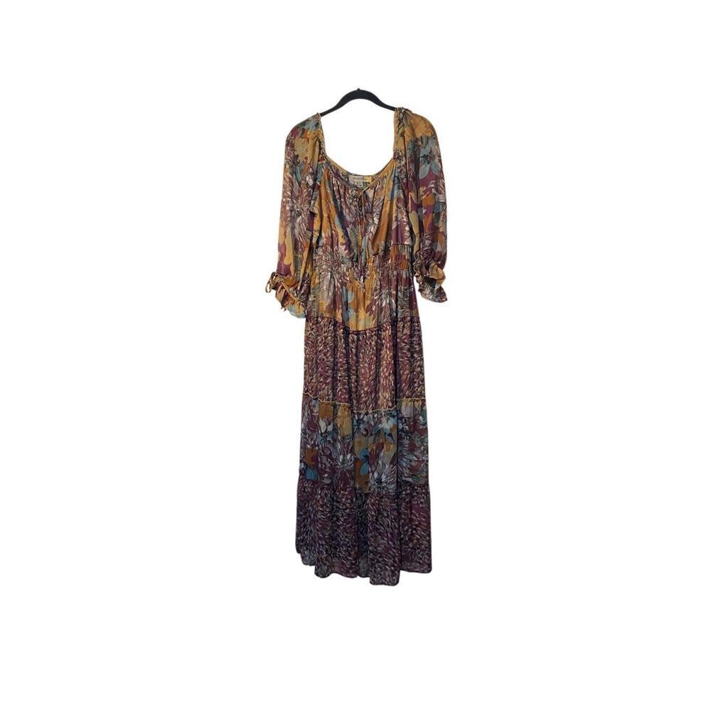 Figueroa & flower floral sheer, Boho cottage peasant, midi dress L